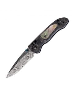 Bemchmade Knives Gold Class Foray Folding Knife with Marbled Carbon Fiber and Mother of Pearl Handle with Loki Patterned Damascus Steel 3.22" Drop Point Blade Model 698-181