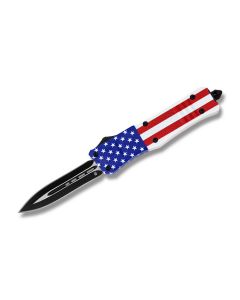 Helly Tec Large Hellion Assisted Opening Folder with American Flag Coated Zinc Aluminum Handles and Black Coated 440C stainlesss Steel 3.75" Dagger Plain Edge Blades Model HTLHAFDE