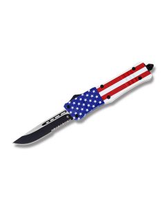 Helly Tec Large Hellion Assisted Opening Folder with American Flag Coated Zinc Aluminum Handles and Black Coated 440C stainlesss Steel 3.75" Drop Point Partially Serrated Edge Blades Model HTLHAFDPS