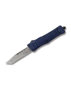 Helly Tec Large Hellion Blue Line NYPD Blue Assisted Opening Folder with Blue Zinc Aluminum Handles and 3.9" Damascus Steel Tanto Point Plain Edge Blades Model HTLHNYPDDAMT