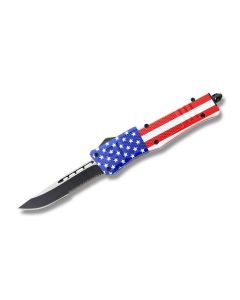 Helly Tec Medium Hellion Assisted Opening Folder with American Flag Coated Zinc Aluminum Handles and Black Coated 440C Stainless Steel 3.25" Drop Point Partially Serrated Edge Blades Model HTMHAFDPS