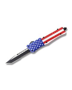 Helly Tec Medium Hellion Assisted Opening Folder with American Flag Coated Zinc Aluminum Handles and Black Coated 440C Stainless Steel 3.25 Tanto Point Partially Serrated Edge Blades Model HTMHAFTS