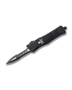 Helly Tec Jolly Roger Medium Hellion Assisted Opening Folder with Black Zinc Aluminum Handles and Black Coated 440C Stainless Steel 3.25" Dagger Point Partially Serrated Edge Blades Model HTMHJRDEDS