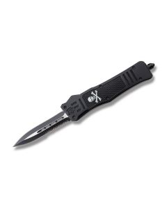 Helly Tec Jolly Roger Medium Hellion Assisted Opening Folder with Black Zinc Aluminum Handles and Black Coated 440C Stainless Steel 3.25" Dagger Point Partially Serrated Edge Blades Model HTMHJRDES