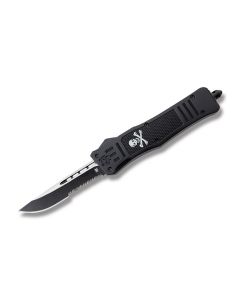 Helly Tec Jolly Roger Medium Hellion Assisted Opening Folder with Black Zinc Aluminum Handles and Black Coated 440C Stainless Steel 3.25" Drop Point Partially Serrated Edge Blades Model HTMHGFDDPS