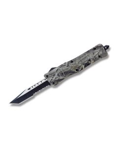 Helly Tec Medium Hellion Assisted Opening Folder with Woodland Camo Coated Zinc Aluminum Handles and Black Coated 440C Stainless Steel 3.25" Tanto Point Partially Serrated Edge Blades Model HTMHWCTS