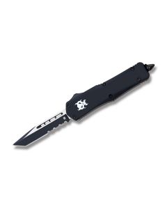 Helly Tec Small Demon Assisted Opening Folder with Black Zinc Aluminum Handles and Black Coated 440C Stainless Steel 2.625" Tanto Point Partially Serrated Edge Blades Model HTSDEMONTS