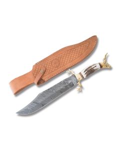 American Hunter Fixed Blade with Stag Handles and Damascus Steel 12" Bowie Plain Edge Blades 