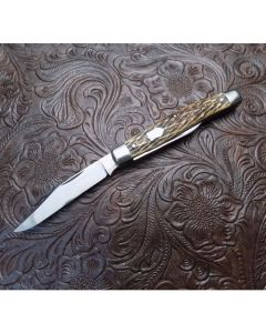 Antique Schrade Cutlery salesman sample square end jack knife 3.375 inch mint condition with beautiful jigged bone handles and carbon steel blade with plain blade edges