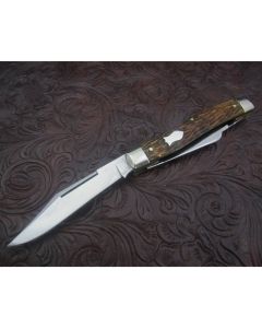 Antique Schrade Cut Co salesman sample large stockman knife 4 inch mint condition with beautiful jigged bone handles and carbon steel blade with plain blade edges