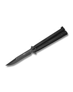 Microtech Tachyon III Balisong with Black 6061-T6 Anodized Aluminum Handles and Black Coated Bohler ELMAX Steel Clip Point Plain Edge Blades Model 173-1
