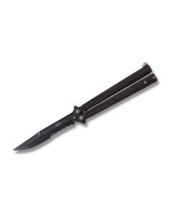 Microtech Tachyon III Balisong with Black Anodized 6061-T6 Aluminum Handle and Black DLC Coated Bohler ELMAX Steel 4.50" Clip Point Partially Serrated Edge Blade Model AUMT1732 