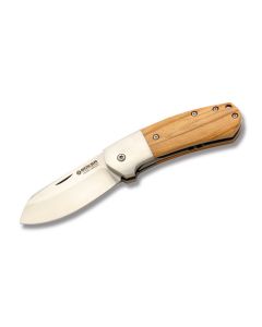 Boker Arctos with Olive Wood Handle and N690BO Stainless Steel 3" Wharncliffe Plain Edge Blade and Nylon Pouch Model 111632