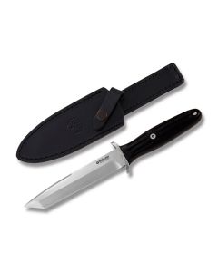 Boker Applegate Special Run Ebony Fixed Blade with Brown Ebony Handle and Satin Coated 154CM Stainless Steel 5.938" Tanto Tip Plain Edge Blade with Leather Sheath Model 120643