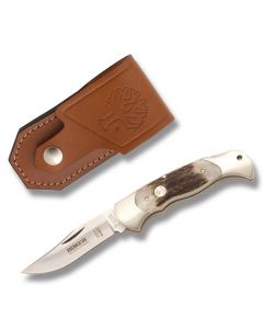 Boker Lock Blade Hunter 4.125" with Stag Handle and Solingen Stainless Steel Plain Edge Blades and Leather Belt Sheath Model 112004ST