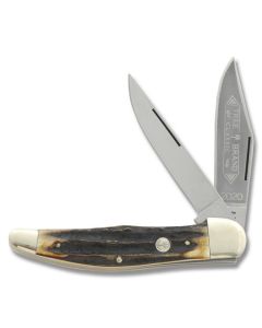 Boker 2-Blade Folding Hunter 5.25"  with Genuine Stag Handle and High Carbon Stainless Steel Plain Edge Blades and Leather Belt Sheath  Model 112020HH