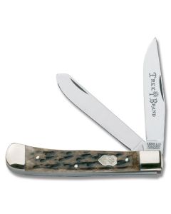 Boker Tree Brand Trapper 4.25"  with Appaloosa Brown Jigged Bone Handle and C-75 Carbon Steel Plain Edge Blades Model 1102525AB