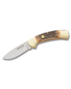 Boker Premium Lock Blade Hunter 4.75" with Stag Handle and 440C Stianless Steel Blades and Leahter Belt Sheath Model 114000