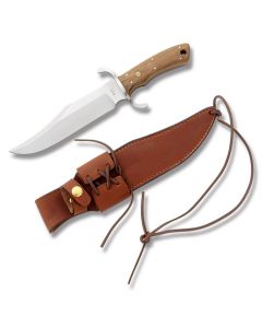 Boker Walnut Handled Bowie with European Walnut Handle and Stainless Steel 7.75" Bowie Plain Edge Blade and Leather Sheath Model 120547