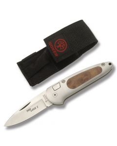 Boker TopLock II with Aluminum Handle and Thuya Wood Inserts and 2.75" Drop Point Plain Edge Blade and Cordura Belt Sheath Model 117103