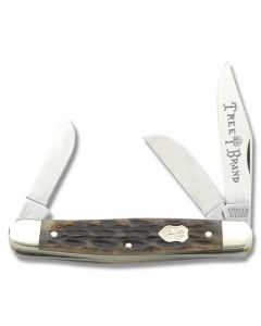 Boker Tree Brand Stockman 4" with Appaloosa Brown Jigged Bone Handle and C-75 Carbon Steel Plain Edge Blades Model 117474AB