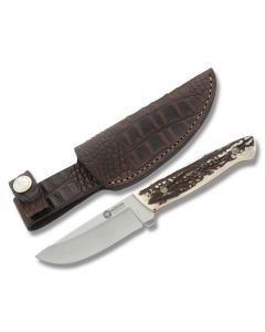 Boker Arbolito Pine Creek Hunter with Stag Handle and N695 Stainless Steel 3.625" Drop Point Plain Ede Blade and Leather Sheath Model 02BA319HH- STAG