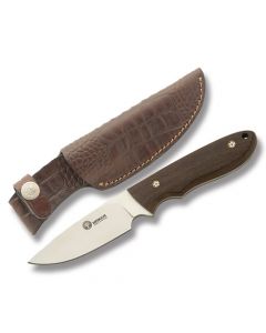 Boker Pine Creek with Guayacan Ebony Wood Handle and T6Mov Steel 3.625" Drop Point Plain Edge Blade and Leather Sheath Model 02BA701G