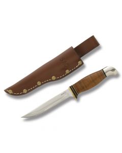 Boker Plus Airforce Pilot Survival Knife with Stacked Leather Handle and SK5 Carbon Steel 4.50" Clip Point Plain Edge Blade and Leather Belt Sheath  Model 02BO155