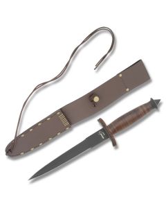 Boker Plus V-42 Devil's Brigade Dagger with Stacked Leather Handle and Black Epoxy Coated Stainless Steel 7" Spear Point Plain Edge Blade and Leather Sheath Model 02BO1942