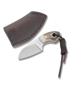 Boker Plus Gnome with Stag Handle and 440C Stainless Steel 2" Drop Point Plain Edge Blade and Leather Belt Sheath Model 02BO268