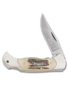 Boker Cinch Folding Hunter with Stag Handle and Stainless Steel 3.125" Clip Point Plain Edge Blade and Leather Belt Sheath Model 11CI2004ST