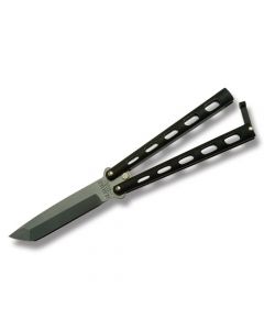 Bear & Son Armor Piercing Butterfly Knife with Black Cast Metal Handles and High Carbon Stainless Steel 3.875" Tanto Plain Edge Blade Model 114AB