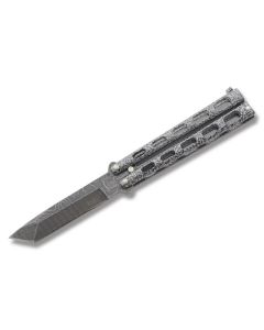 Bear & Son Armor Piercing Butterfly Knife with Cast Metal Handles and Damascus Stainless Steel 4" Clip Point Plain Edge Blade Model 114AD