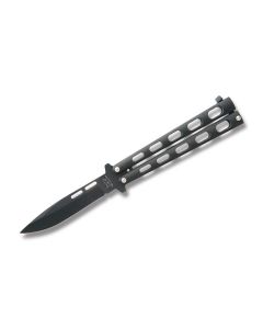 Bear & Son Cutlery Butterfly Knife 5" with Black Handle and Black Coated High Carbon Stainless Steel Plain Edge Blades Model 115B