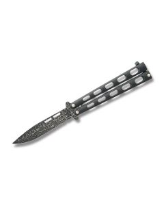 Bear & Son Cutlery Butterfly Knife 5" with Black Handle and Damascus Steel Plain Edge Blades Model 115D