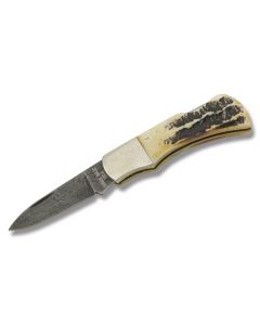 Bear & Son Damascus Lockback 2.25" with India Stag Bone Handle and Damascus Steel Plain Edge Blades Model 540D