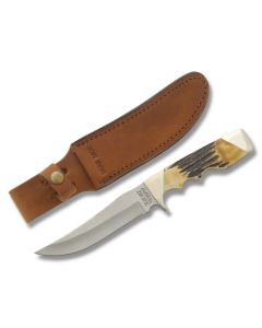 Bear & Son Trophy Hunter with India Stag Bone Handle and Stainless Steel 5.125" Skinner Plain Edge Blade and Leather Belt Sheath Model 577