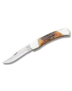 Bear & Son  Folding Hunter 5" with India Stag Bone and High Carbon Steel Plain Edge Blade Model 597