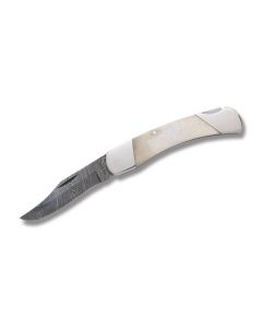 Bear and Sons Cutlery Lockback 3.75” with White Smooth Bone Handles and Damascus Steel Plain Edge Blades Model WSB05D