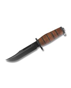 Buck Brahma with Stacked Leather Handle and Black Oxide Coated 420HC Stainless Steel Clip Point Plain Edge Blade with Brown Leather and Nylon Sheath Model 0119BRS1-B