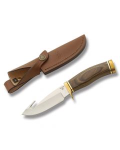 Buck Zipper with Woodgrain Handle and Satin Coated 420HC Stainless Steel 420HC Stainless Steel 4.25" Drop Point Plain Edge Blade with Brown Leather Sheath Model 0191BRG-B