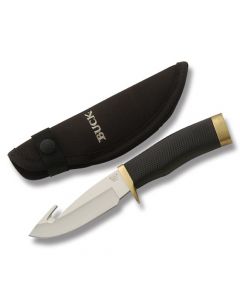 Buck Zipper with Black Rubber Handle and Satin Coated 420HC Stainless Steel 4.25" Guthook Drop Point Plain Edge Blade with Black Nylon Sheath Model 0691BKG-B