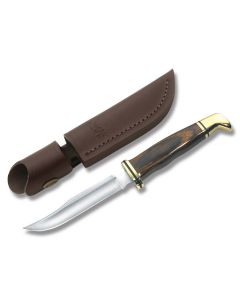 Buck Woodsman with Cocobola Wood Handle and Satin Coated 420HC Stainless Steel 4" Clip Point Plain Edge Blade and Brown Leather Sheath Model 0102BRS-B