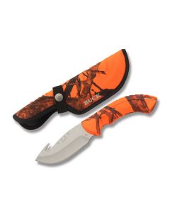 Buck Omni Hunter 12PT Guthook with Mossy Oak Blaze Orange Handle and Satin Coated 420HC Stainless Steel 4" Guthook Drop Point Plain Edge Blade with Blaze Orange Nylon Sheath Model 0395CMS9