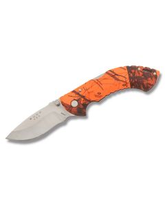 Buck Folding Omni Hunter 10PT with Mossy Oak Blaze Orange Dynaflex Rubber Handle and Satin Coated 420HC Stainless Steel 3" Drop Point Plain Edge Blade with Blaze Orange Nylon Sheath Model 0395CMS9