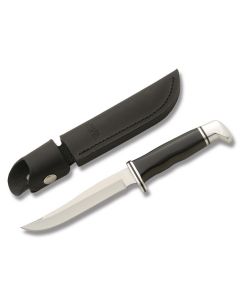 Buck Pathfinder with Black Phenolic Handle and Satin Coated 420HC Stainless Steel 5" Modified Clip Point Plain Edge Blade with Black Leather Sheath Model 0105FAM01