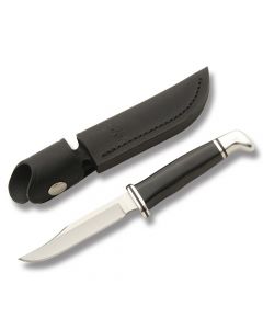 Buck Woodsman with Black Phenolic Handle and Satin Coated 420HC Stainless Steel 4" Clip Point Plain Edge Blade with Black Leather Sheath Model 0102BKS