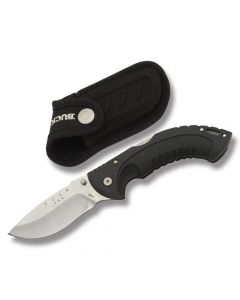 Buck Folding Omni Hunter 12pt with Black Dynaflex Rubber Handle and Satin Coated 420HC Stainless Steel 4" Drop Point Plain Edge Blade with Black Nylon Sheath Model 0398BKG