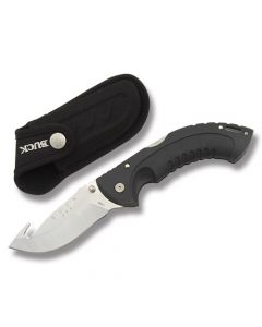 Buck Folding Omni Hunter 12pt Guthook with Black Dynaflex Rubber Handle and Satin Coated 420HC Stainless Steel 4" Drop Point Guthook Plain Edge Blade with Black Nylon Sheath Model 0398BKG