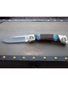 Brian Yellowhorse Custom 110 Folding Hunter with Desert Ironwood Handles and Satin 420 Stainless Steel 3.75” Clip Point Plain Edge Blades